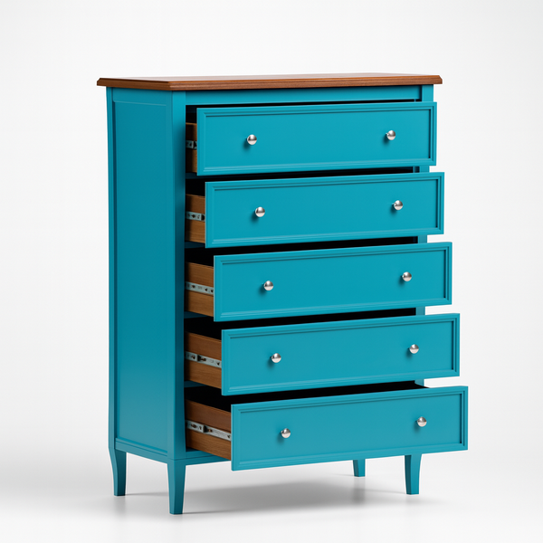 comoda amsterda 5 gav azul e amendoa gavetas abertas